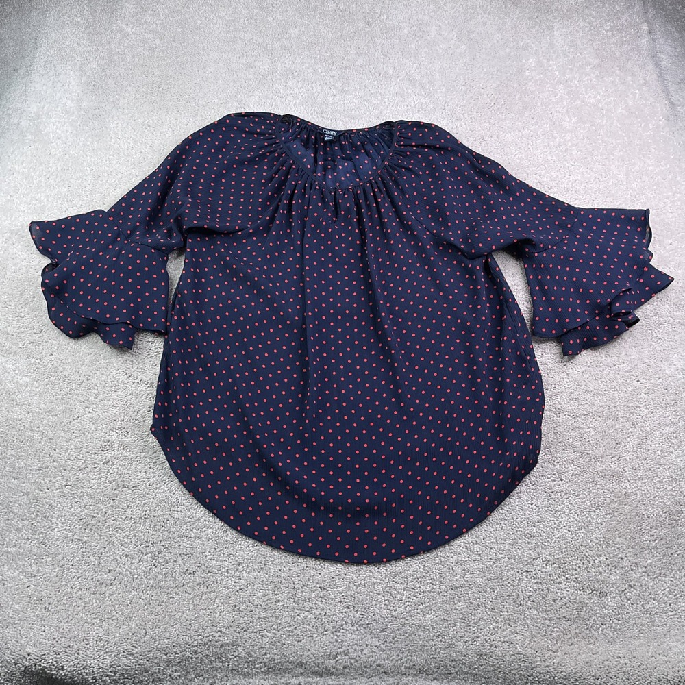 Chaps Top Women XL Blue Red Polka Dot Bell Sleeve Ruffle Pleated Sheer Blouse